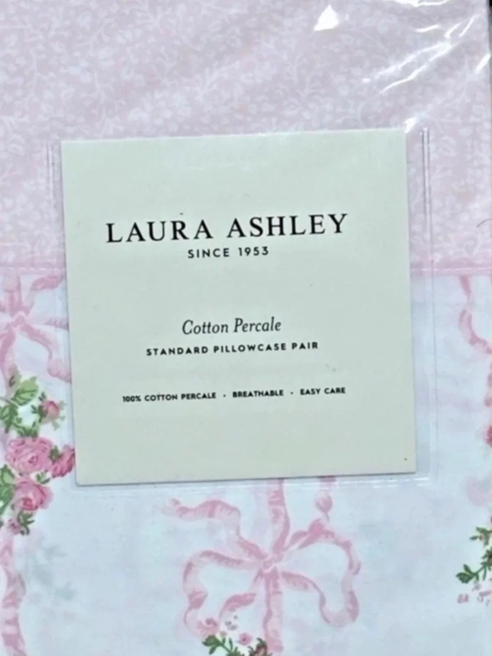 Laura Ashley~Pillowcase Pair~ Pink Floral Ribbon 100% Cotton Percale Standard